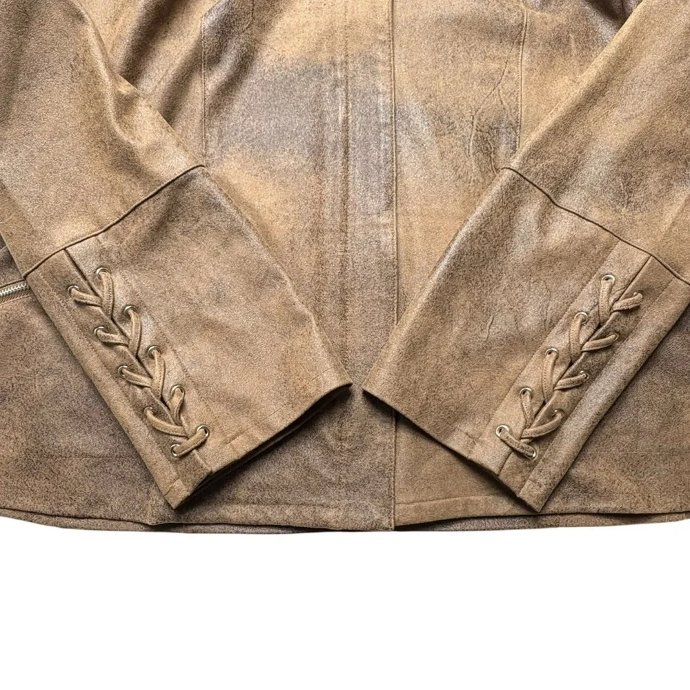 Chicos Faux Suede Moto Jacket US L 12/14 Lace Up Sleeve Details Brown Full Zip